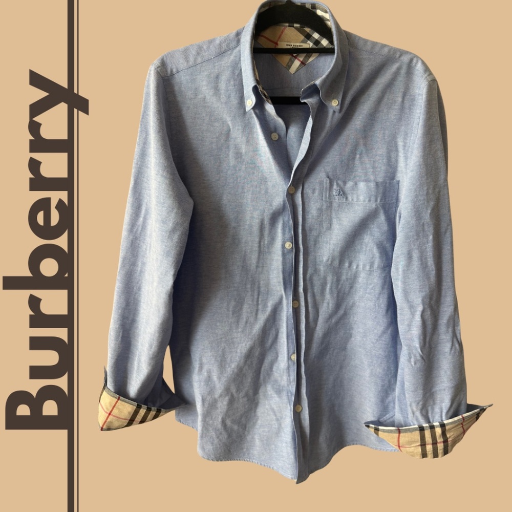Burberry: Light Blue + Checked Collar Dress Shirt, Size Medium.